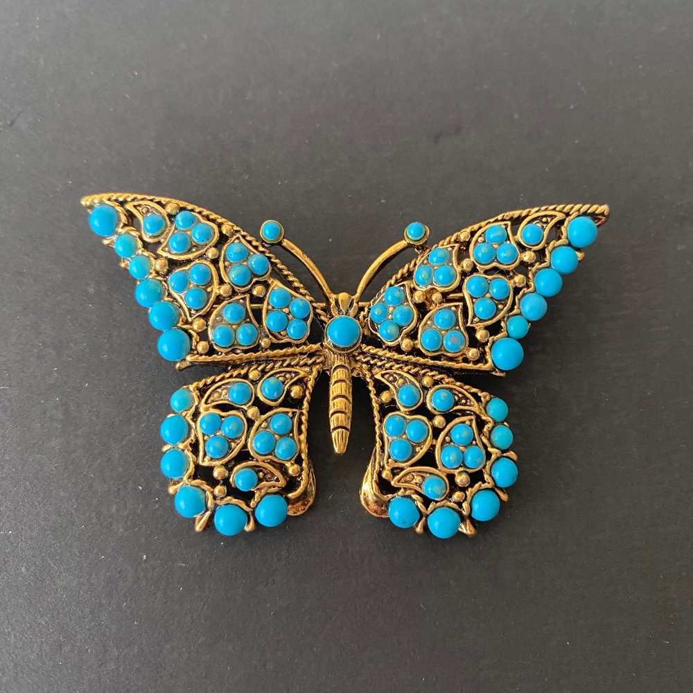 Vintage Kenneth Jay Lane KJL Turquoise Butterfly Pin Brooch Gold